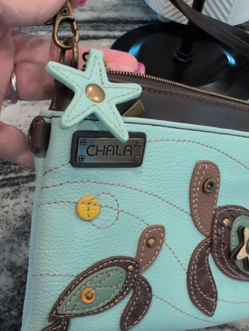 Chala Mint and Brown Turtles Applique Crossbody Bag - Picture 3 of 5